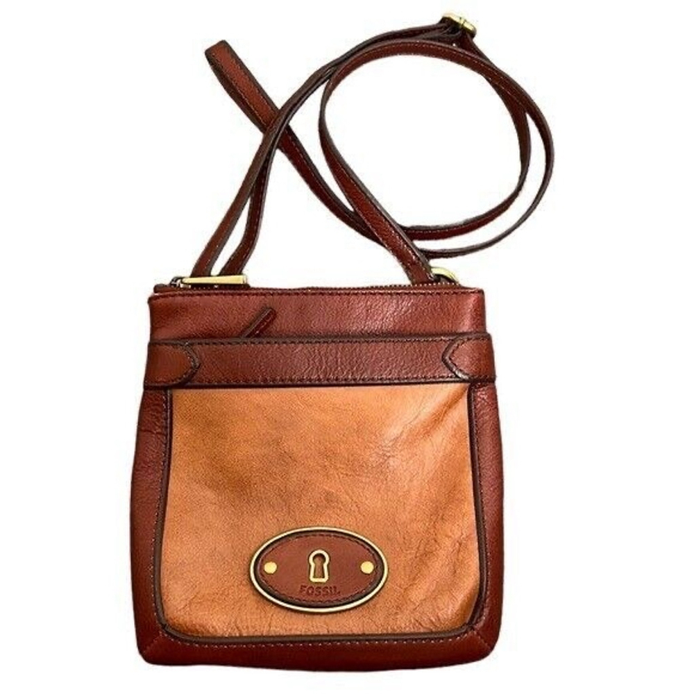 Women's Fossil Vintage Two-Tone‎ Cognac Tan Leather Crossbody Bag Small Size